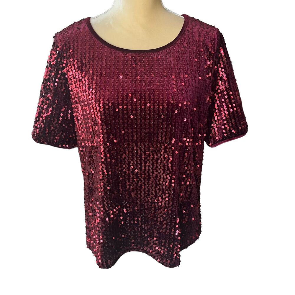 Esqualo Red Velvet Sequin Short Sleeve Top Blouse NEW Size US 10 EU 40